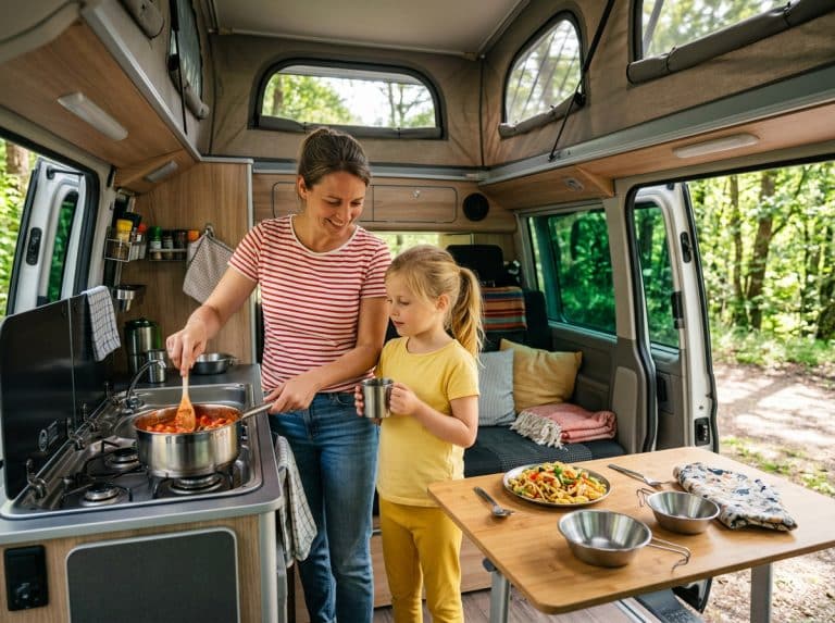woman and a young girl are inside a camper van p 6798
