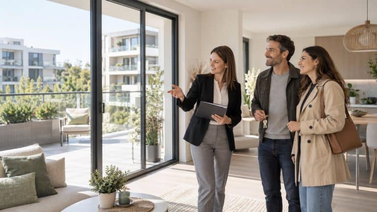 Couple visitant un appartement neuf avec une professionnelle de l’immobilier